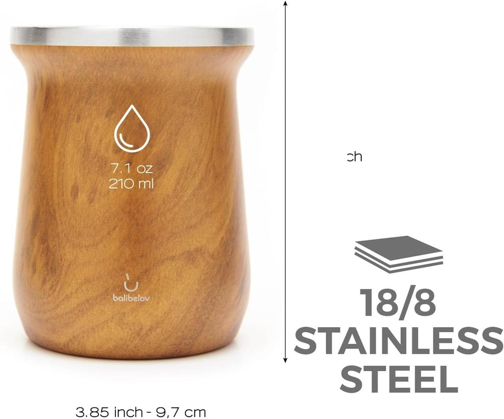 Service à thé Yerba Mate balibetov (tasse à Mate) en acier inoxydable avec bombilla (paille) pour maté, ensemble Yerba Mate facile à nettoyer et très résistant (BOIS)
