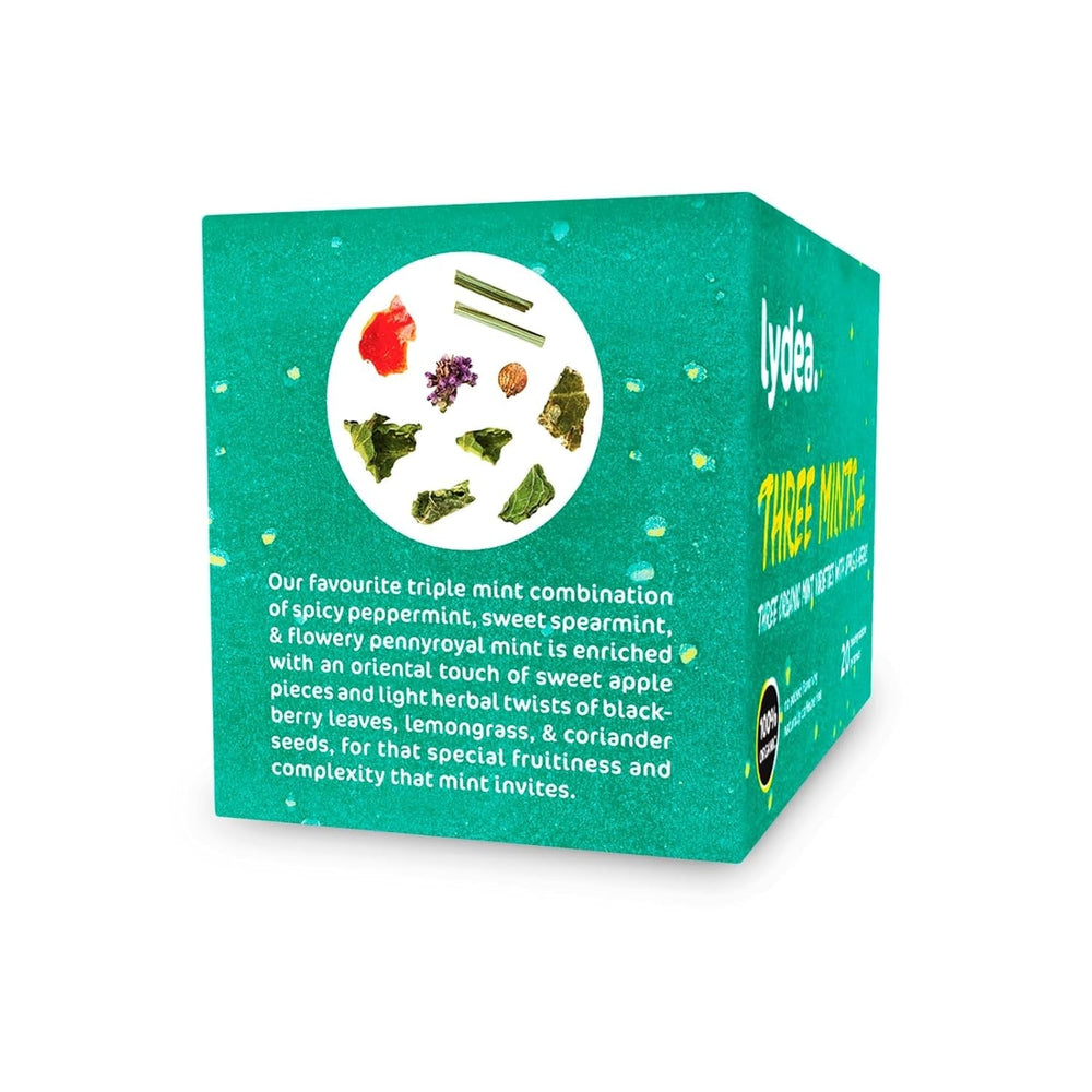 Lydea Three Mints+ Tisane biologique avec trois assortiments de menthe, pomme et herbes, 60 pyramides, lot de 3 [3 x 20 pyramides]