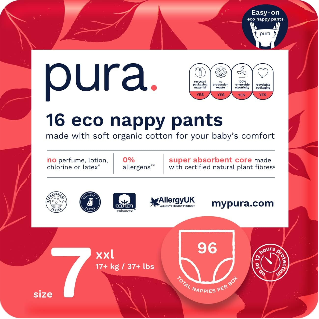 Culottes écologiques, taille 7 (17 kg +), 16 pièces, sous-vêtements jetables pour peaux sensibles et allergiques, sans parfum, tirage latéral