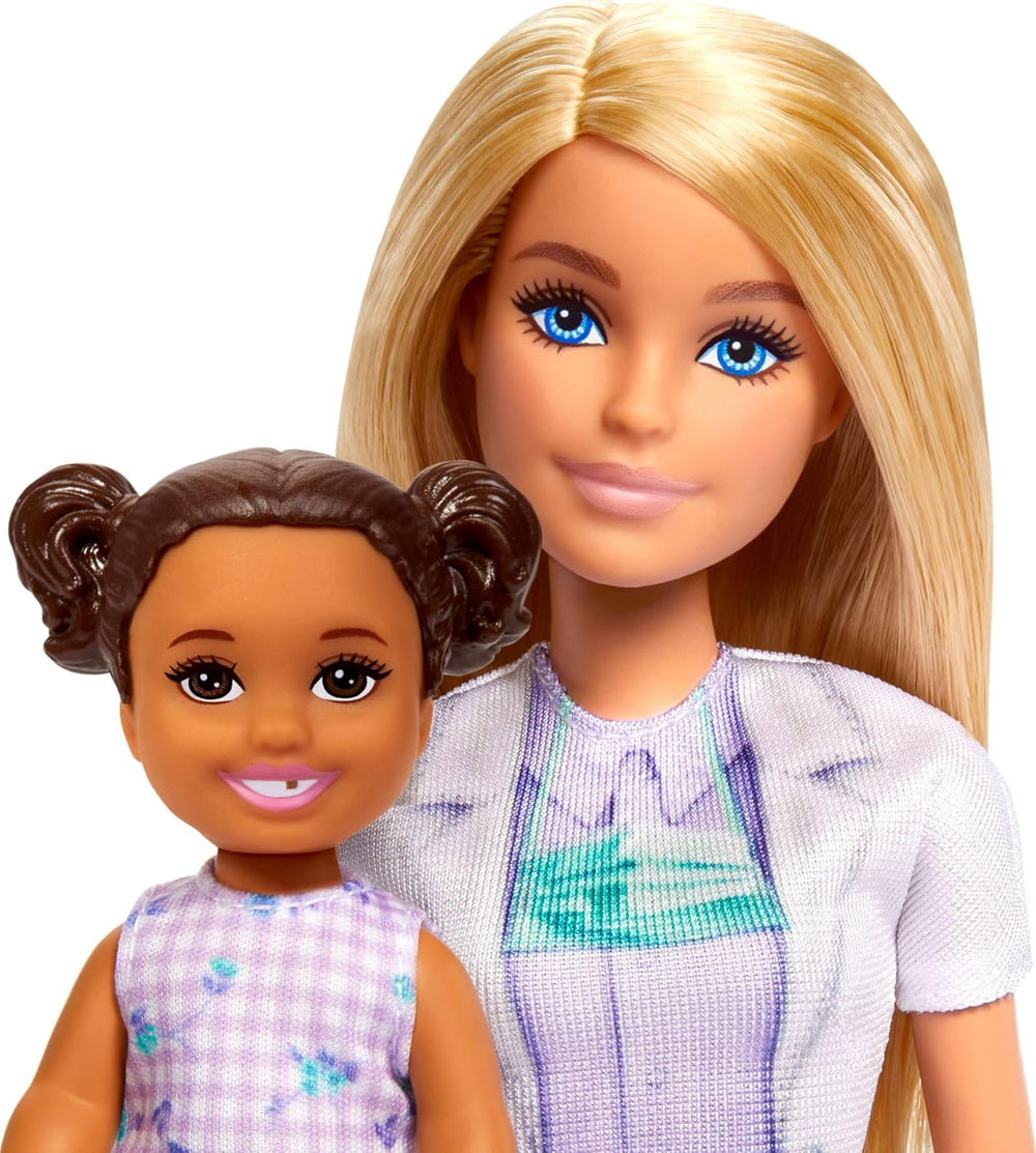 Poupée Barbie Dentiste, poupée mannequin aux cheveux blonds, robe bleue et blouse de laboratoire, 1 poupée enfant, accessoires d'examen et accessoires assortis, JCR74