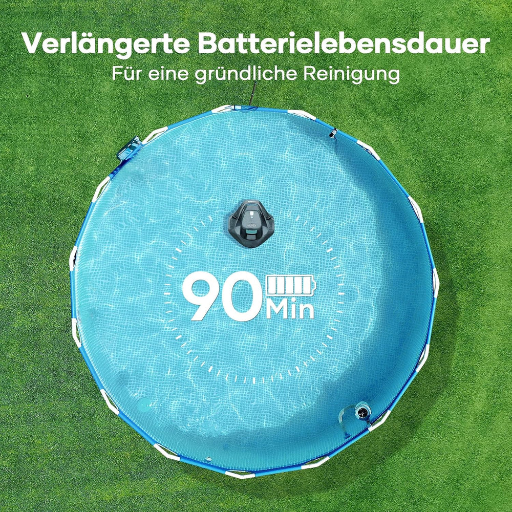 Robot de piscine AIPER, nettoyeur de piscine sans fil avec batterie, autonomie de 90 minutes, stationnement automatique, moteurs à double entraînement et indicateurs LED, idéal pour les piscines à fond plat jusqu'à 80 m²