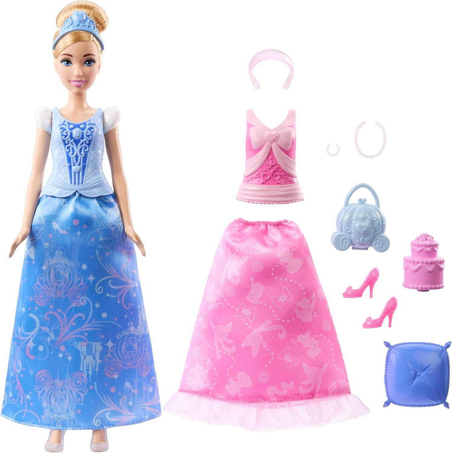 Mattel Disney-Princess-Spielzeuge, Cendrillon-Modepuppe avec 2 Looks, 9 Accessoires, 2 Oberteile zum Anklipsen et 2 Rocke. Jeux 2 en 1 inspirés du film Disney, JCR95
