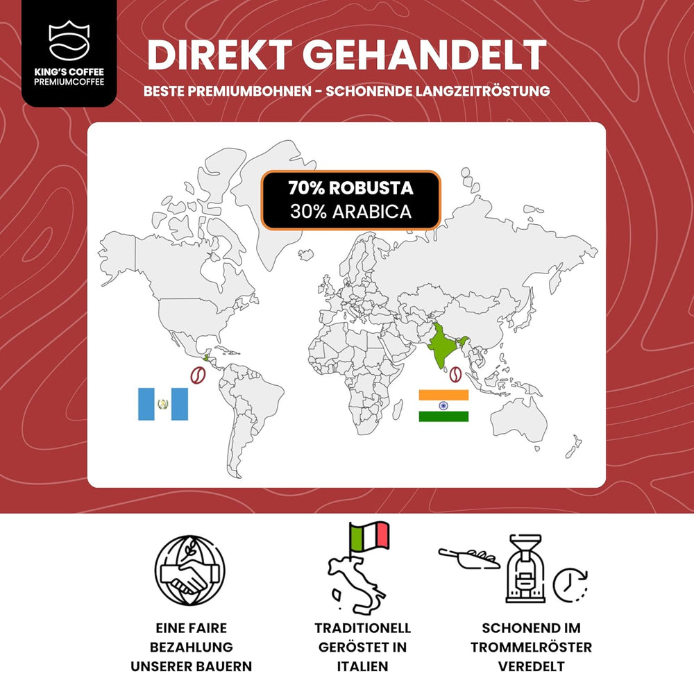 KING'S COFFEE - EXTREME ROAST - Espresso Intenso en grains - très faible acidité - torréfaction en petits lots d'Italie - grains de café pour machines entièrement automatiques et machines à porte-filtre - 1 kg