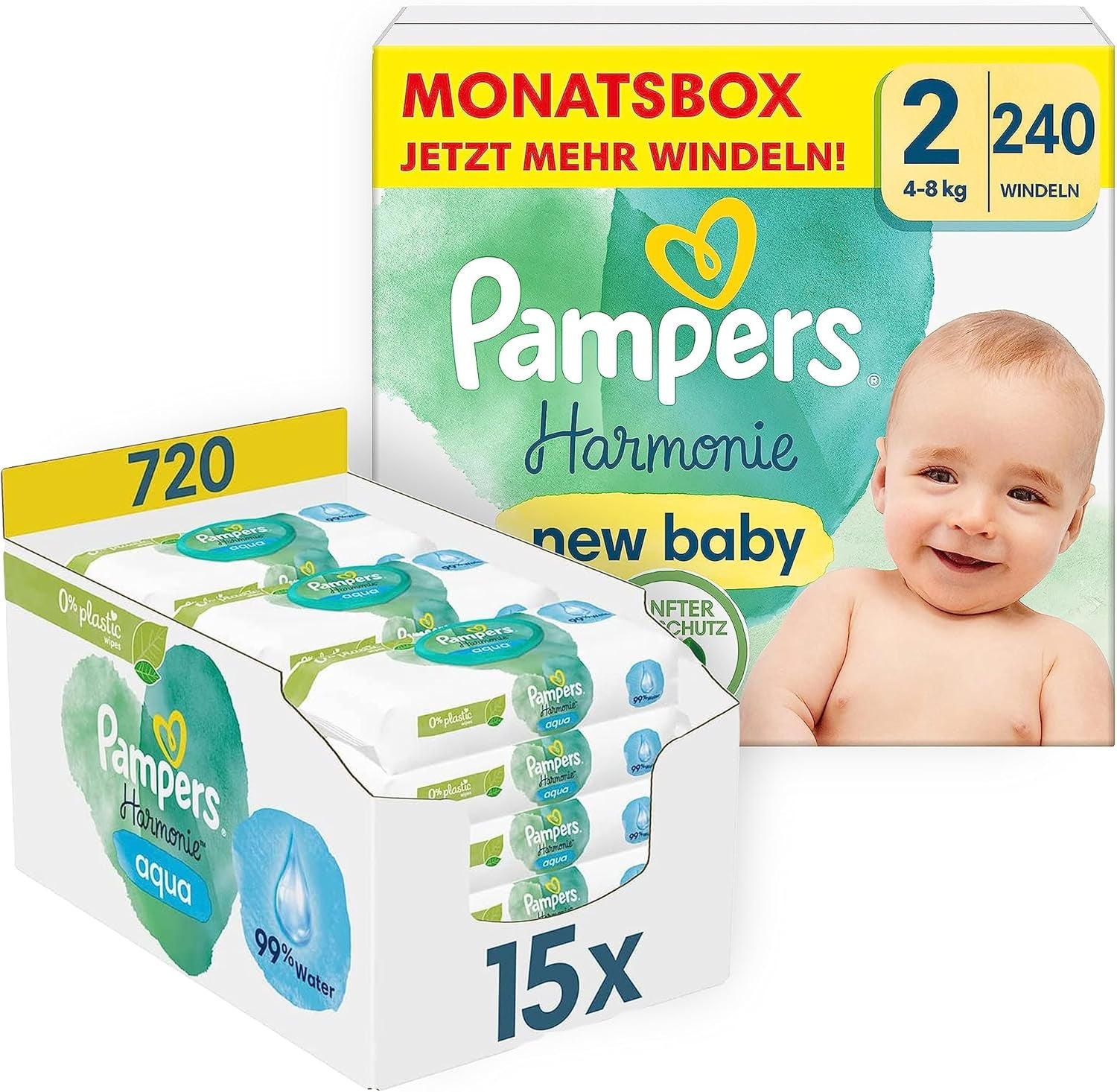 Ensemble de couches Harmonie Baby taille 2 (4-8 kg, 240 pièces) BOITE MENSUELle et Harmonie Aqua Baby Wet Wipes Box 720 Wipes (15 x 48), Baby Essentials