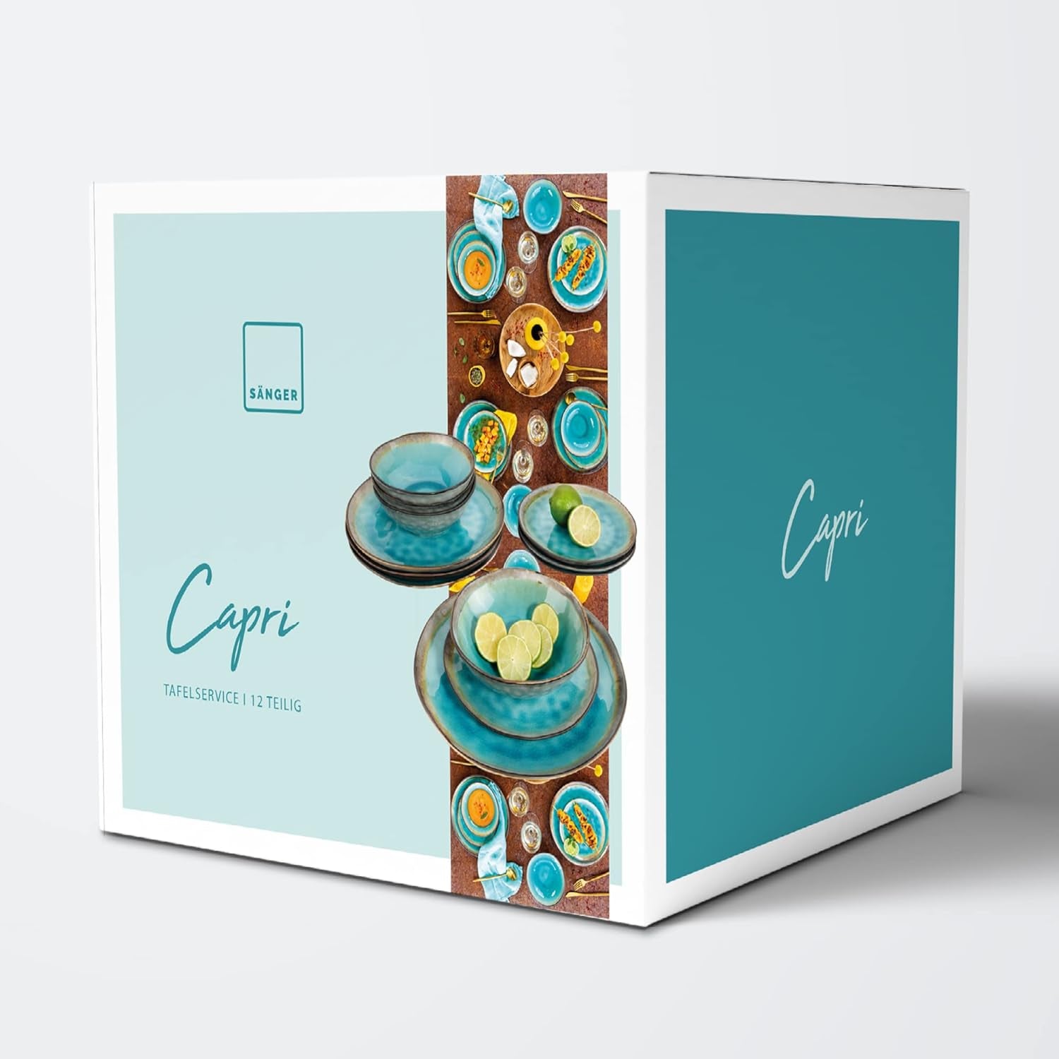 SANGER | Capri Dinnerware Service de table 12 pièces pour 4 personnes en grès comprenant des assiettes plates, des assiettes à dessert et des assiettes Suma Service de table turquoise fait à la main avec bord gris | LA COLLECTION PREMIUM