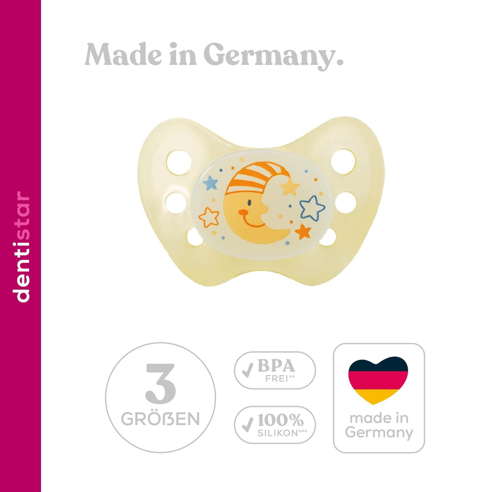 Lot de 3 sucettes dentaires de nuit en silicone - Taille 3 à partir de 14 mois - Sucettes qui brillent dans le noir de qualité dentaire - Sans BPA - Fabriquées en Allemagne - Lune, Jaune
