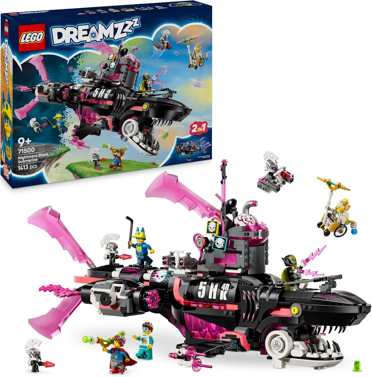 LEGO DREAMZzz Albtraumhai-U-Boot - Ensemble modulaire avec 2 Baumöglichkeiten, 2 abnehmbaren Fluggeräten et 5 Minifiguren, inkl. Mateo et Astrid - Cadeau pour filles et garçons à partir de 9 ans - 71500