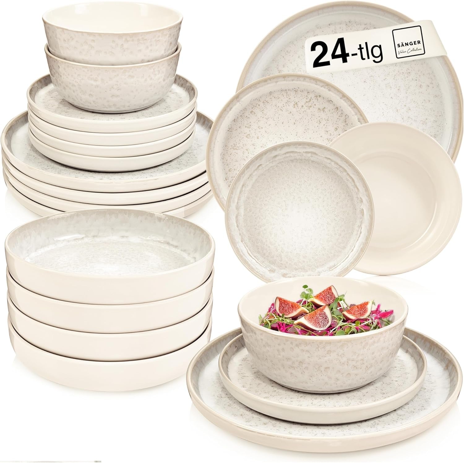 SÄNGER Key West | Service de table en grès 24 pièces pour 6 personnes, 6 assiettes à dîner, bols à céréales, assiettes à dessert, bols à pâtes, vaisselle à la crème avec texture sable | LA COLLECTION VALEUR