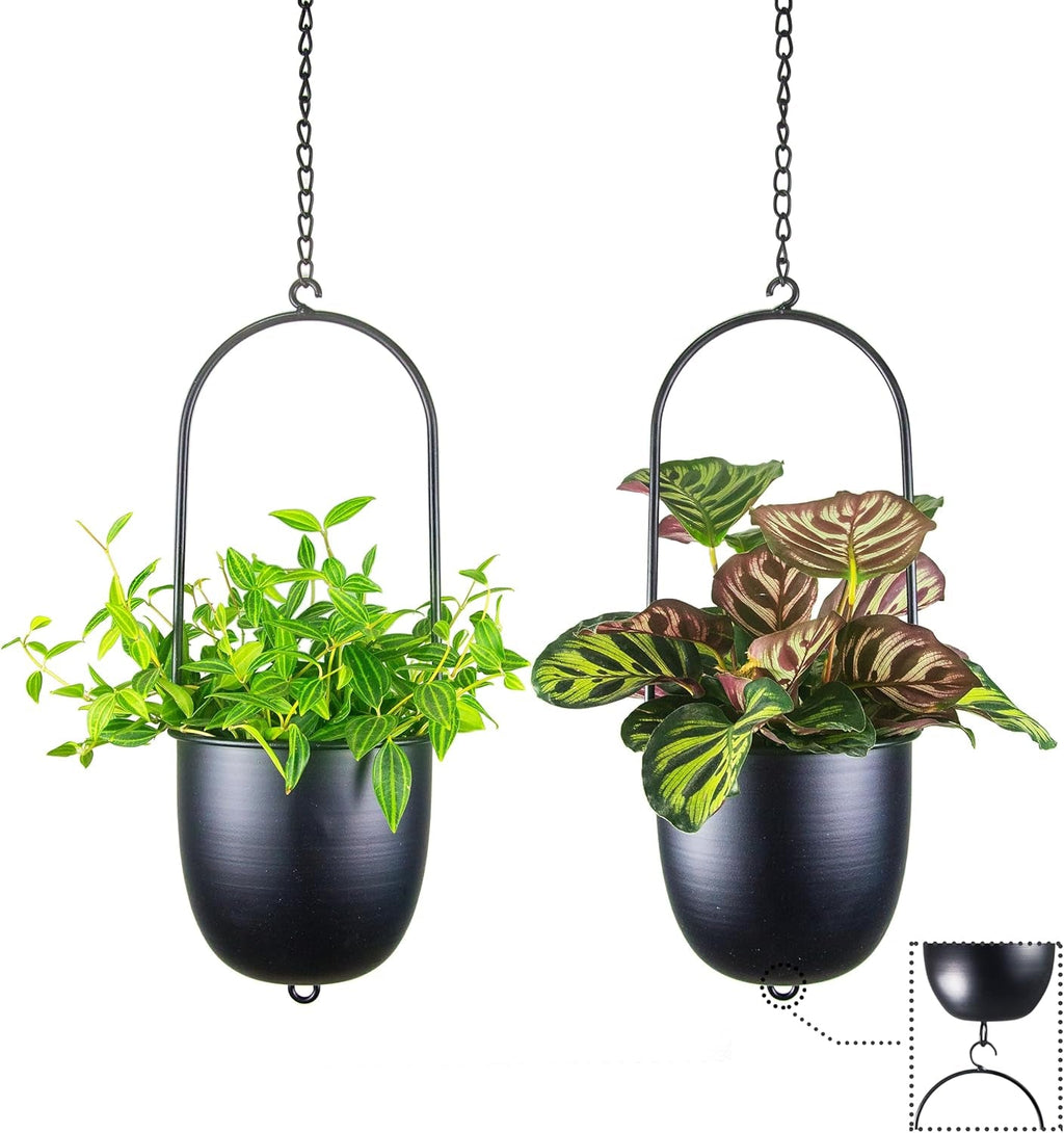 Ghivece metalice suspendate, 2 bucăți, negre, ovale, geometrice, cuier pentru plante cu ghiveci, jardinieră modernă de perete și tavan pentru interior și exterior, ghiveci de 15,2 cm, 2 bucăți