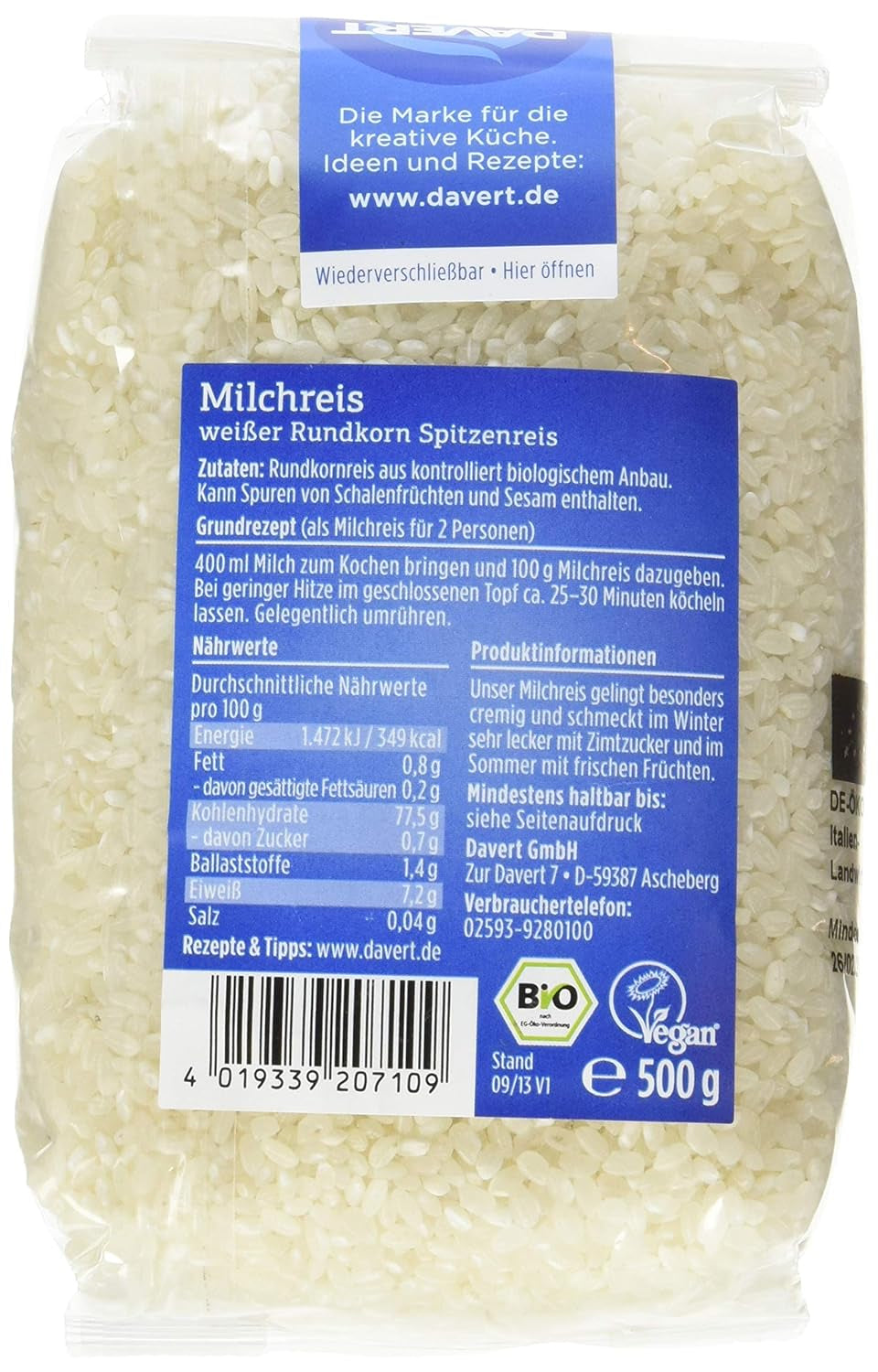 Riz au lait Davert (1 x 500 g) - Bio