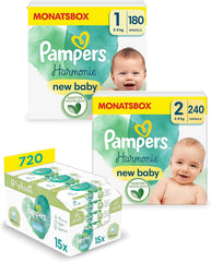 Ensemble de couches Harmonie Aqua Baby taille 1 (2-5 kg, 180 pièces), taille 2 (4-8 kg, 240 pièces), boîte demi-lune et lingettes Aqua Baby, 720 lingettes (15 x 48), kit de démarrage bébé
