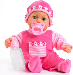 Bayer Design 93800-pink 93825AA Babypuppe First Words, Schlafaugen, spricht 24 Babylaute, weicher Körper, mit Schnuller und Flasche, 38 cm, rose