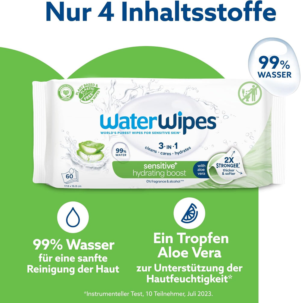 Lingettes humides WaterWipes Sensitive+ Hydrating Boost, lingettes hydratantes, 720 unités (paquet de 12), 3 en 1 propres, soignent, hydratent, 99 % d'eau d'aloe vera, lingettes pour bébé non parfumées