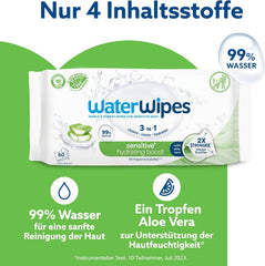 Lingettes humides WaterWipes Sensitive+ Hydrating Boost, lingettes hydratantes, 720 unités (paquet de 12), 3 en 1 propres, soignent, hydratent, 99 % d'eau d'aloe vera, lingettes pour bébé non parfumées