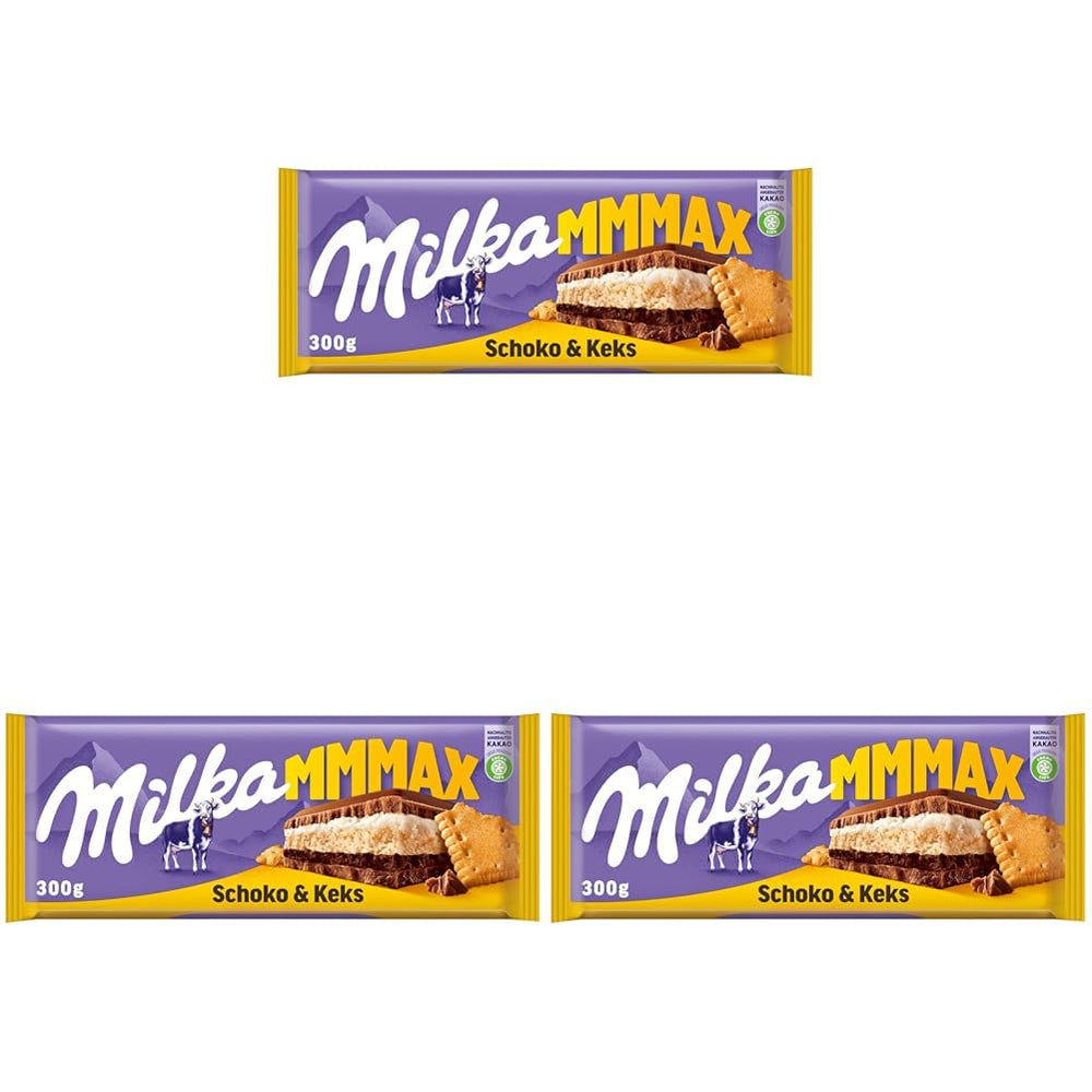 Milka Mmax Chocolat et Biscuits – Chocolat au lait alpin fourré à la crème de lait et morceaux de biscuits croustillants – 300g