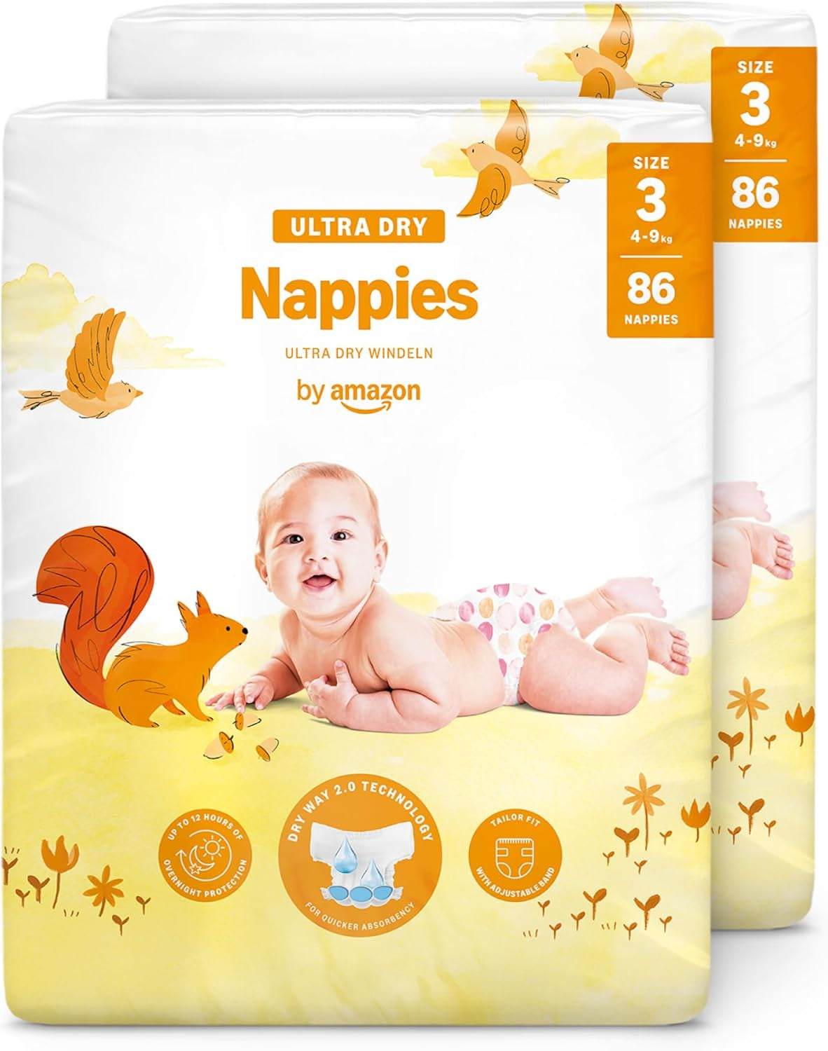 Couches Amazon Ultra Dry, taille 1 (2-5 kg) – Boîte mensuelle, blanche, 96 pièces (2 paquets de 48) (anciennement marque Mama Bear, produit identique)