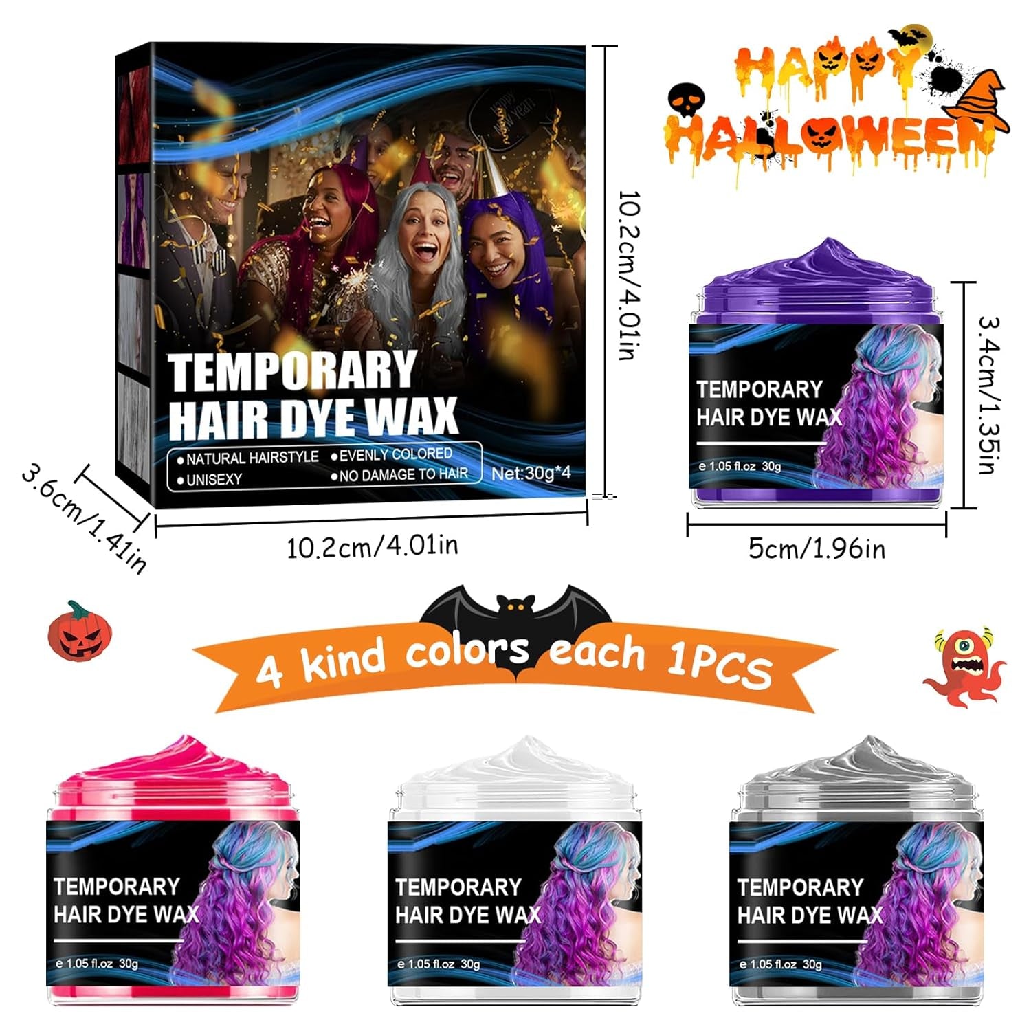 Teinture capillaire temporaire pour Halloween, 4 couleurs, cire coiffante, ton pour hommes et femmes, Halloween, fête Cosplay, teinture pour cheveux, boutique Naty
