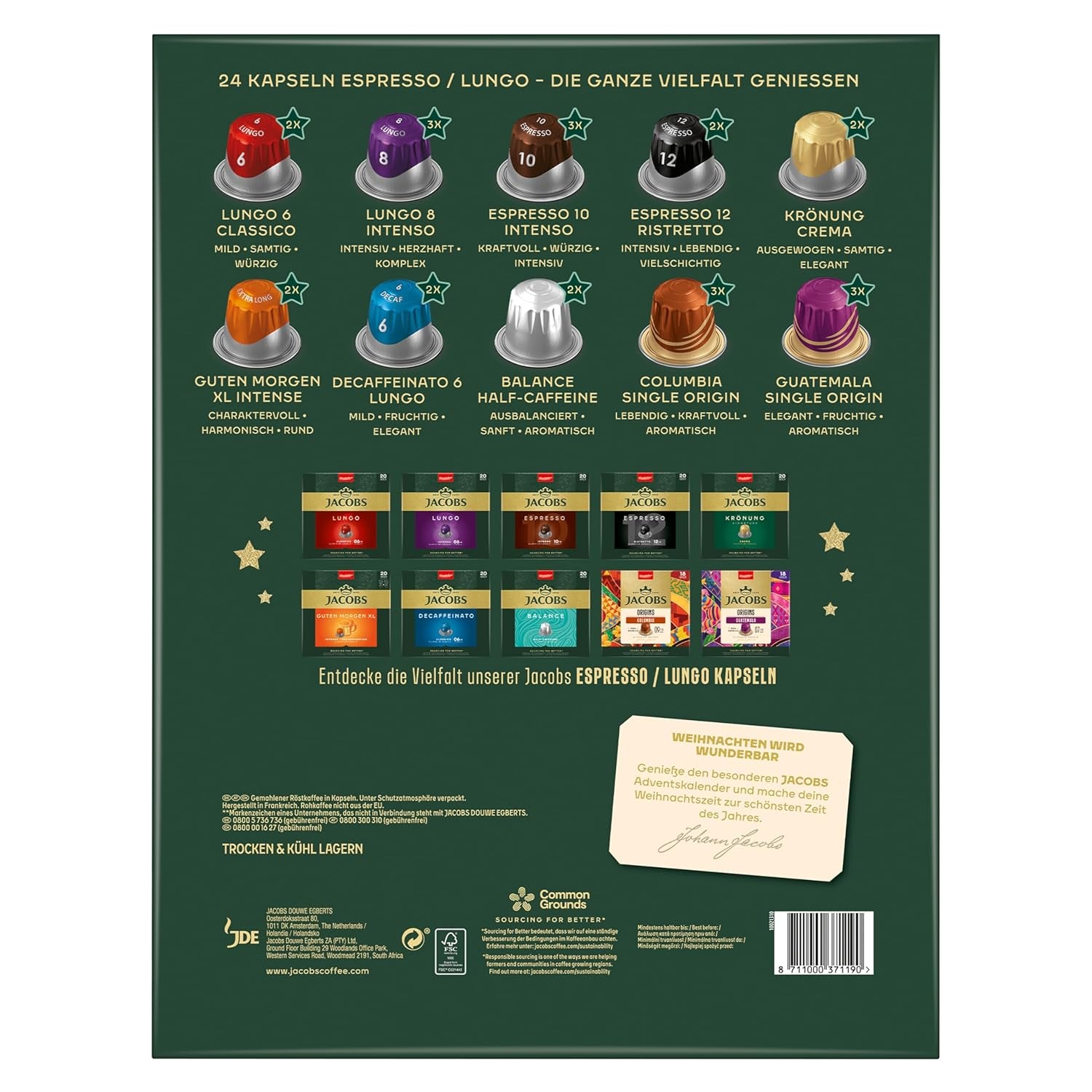 Jacobs Kapsel Adventskalender, 24 capsules Espresso/Lungo, compatibles Nespresso* Kaffee Kapseln, 24 capsules