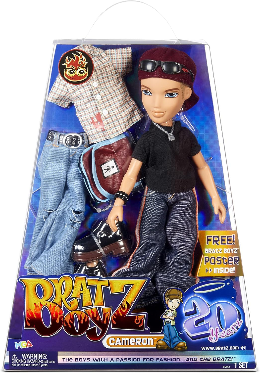 Bratz 20 Special Edition Modepuppe Cameron-Holografische Verpackung & Poster-Sammelpuppe-20 Yearz Motiv, Fan-Liebling Neuauflage von 2001-Mit 2 Outfits, Schuhen, Tasche & Mehr