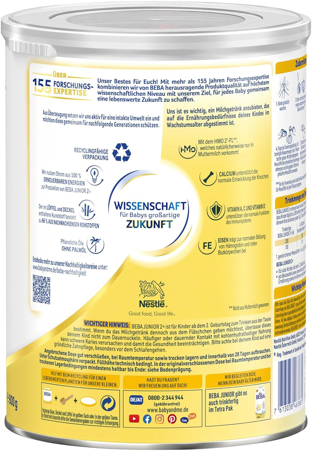 Boisson lactée BEBA Junior 2+ à partir de 2 ans, Avec HMO, Teneur en protéines adaptée à l'âge, Lactose uniquement, Sans huile de palme, Sans huile de poisson, Aliments pour tout-petits, Lait en poudre pour bébé, Lot de 6 (6 x 800 g)