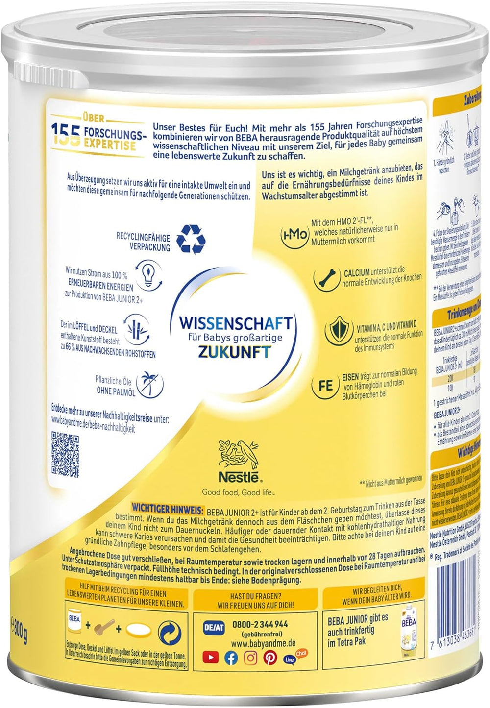 Boisson lactée BEBA Junior 2+ à partir de 2 ans, Avec HMO, Teneur en protéines adaptée à l'âge, Lactose uniquement, Sans huile de palme, Sans huile de poisson, Aliments pour tout-petits, Lait en poudre pour bébé, Lot de 3 (3 x 800 g)