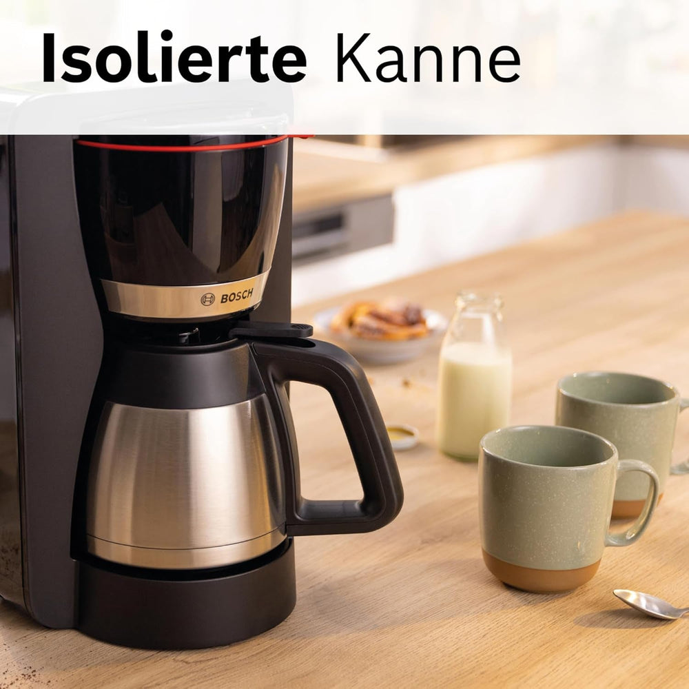 Bosch MyMoment TKA6M273 Machine à expresso à filtre, carafe thermique 1 L, 8-12 tasses, système anti-goutte, porte-filtre rotatif, programme de détartrage, réservoir d'eau amovible, 1200 W, noir mat
