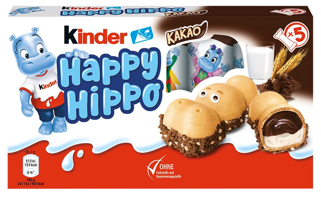 Kinder Happy Hippo Noisette - Spécialité Gaufrettes Croquantes au Lait et Crème de Noisettes - Bonbons Carnaval et Mardi Gras - 1 paquet contenant 5 barres individuelles de 20,7 g chacune