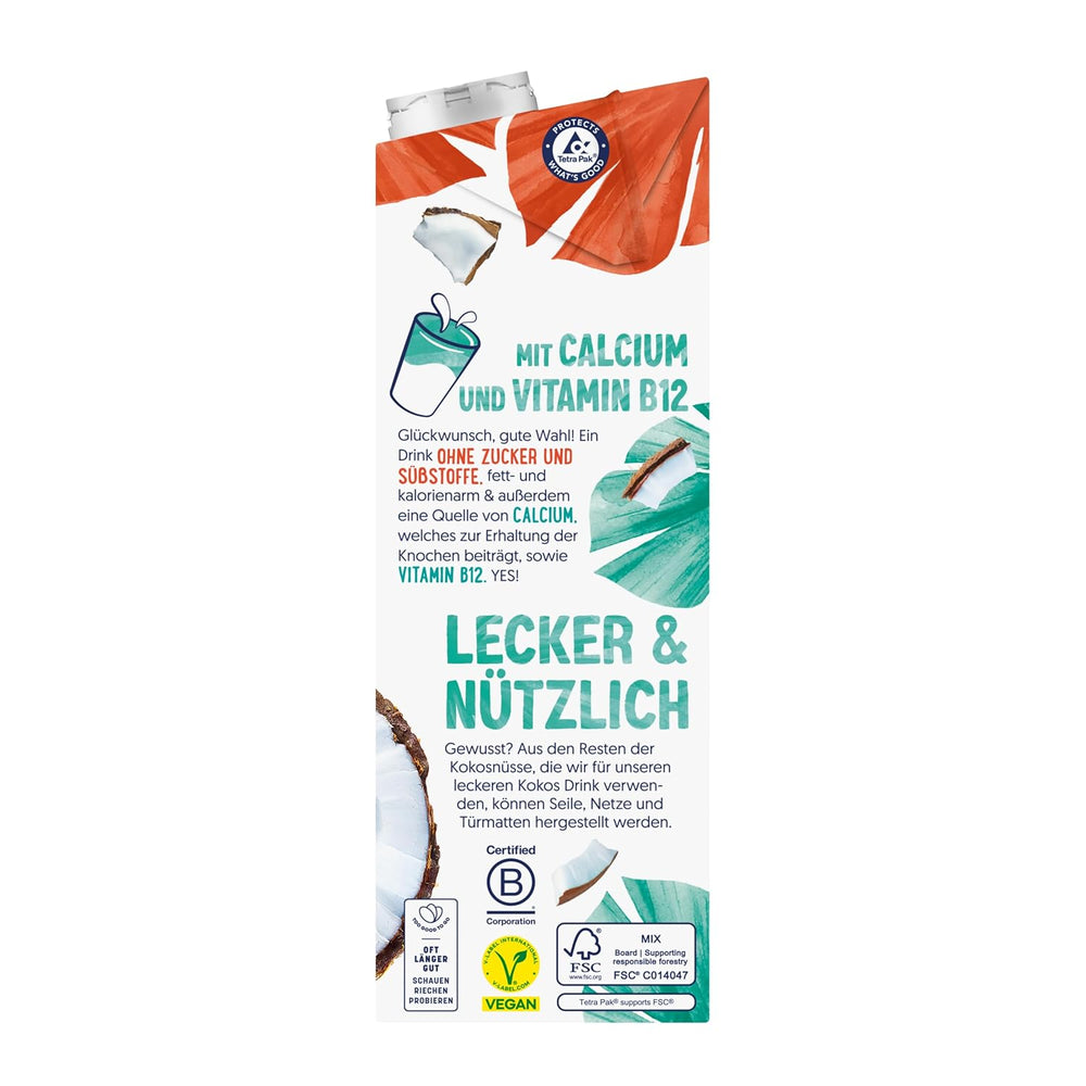 Alpro Kokosnussdrink ohne Zucker – Ohne Süßstoffe – Vegan et sans lait – Von Natur aus lactosefrei et fettarm – Riche en calcium et vitamines – 8 x 1 L