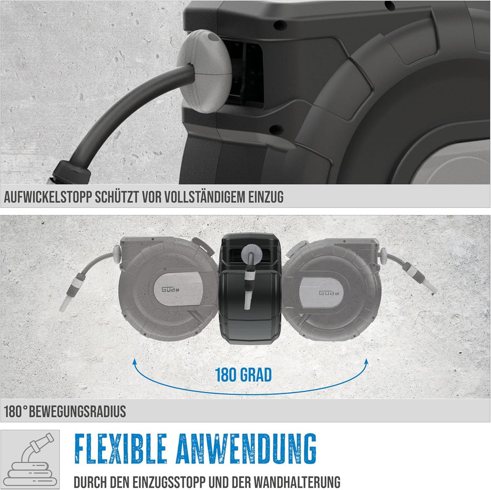 Enrouleur de tuyau automatique Güde 20-2-2 1/2 (pour montage mural, rotation à 180°, tuyau de 20 m, jet d'eau, support mural, enroulement automatique, butée d'enroulement, poignée de transport, 2 raccords rapides)