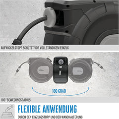 Enrouleur de tuyau automatique Güde 20-2-2 1/2 (pour montage mural, rotation à 180°, tuyau de 20 m, jet d'eau, support mural, enroulement automatique, butée d'enroulement, poignée de transport, 2 raccords rapides)