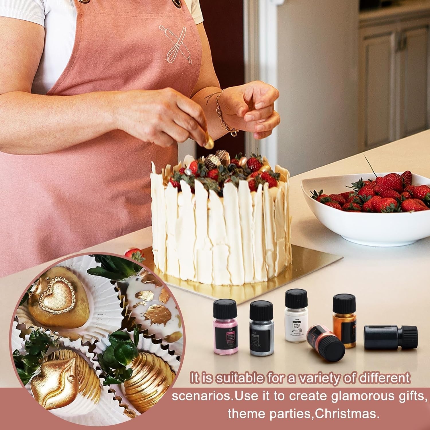 Paillettes comestibles liquides – 6 couleurs métalliques, poudre de paillettes comestibles liquides pour décoration de gâteaux, pâtisserie, macarons – colorant alimentaire métallique, couleurs pailletées pour biscuits, fondants, gâteaux, muffins