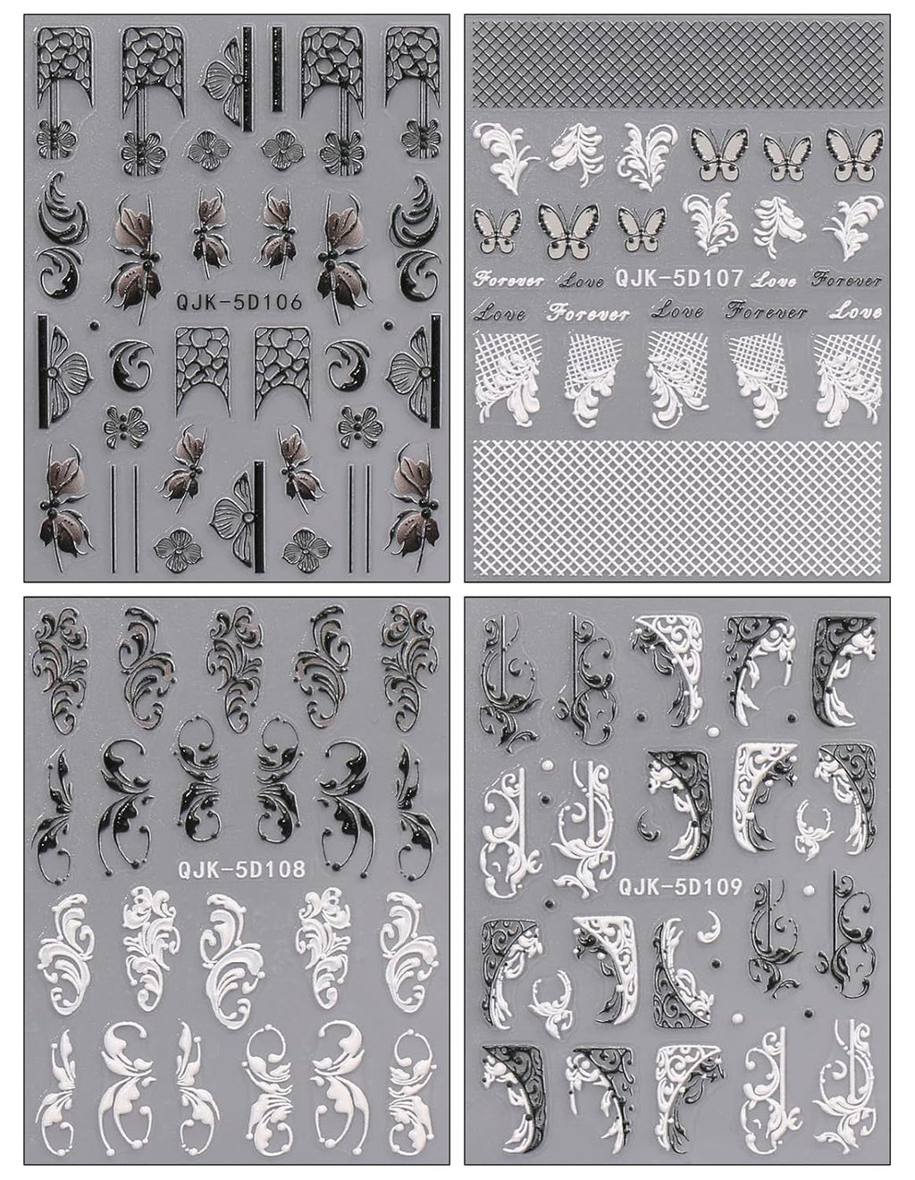 JMEOWIO 3D Nagelsticker Schwarz Weiß Blume Nail Art Sticker Selbstklebend Nagelaufkleber 5D Stereoskopisch Blumen Dekoration Nageldesign Zubehör 4 Blatt