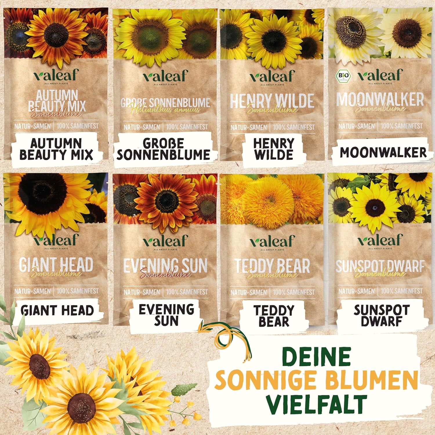 Kit de graines de tournesol - 8 variétés de graines de tournesol - Graines de tournesol dans un kit de plantation pratique - Graines de fleurs d'été, mélange de fleurs sauvages - Graines de fleurs à planter