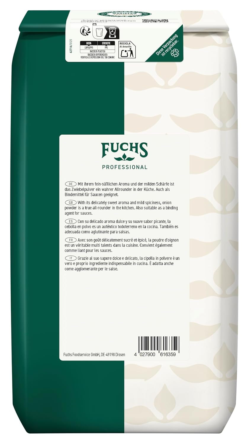 Fuchs Professional - Zwiebelpulver | Schonend verfahrett, zum Würzen von herzhaften Gerichten | Qualité professionnelle pour les grossistes et la gastronomie | Sac recyclable de 1 kg