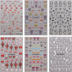 JMEOWIO Nagelsticker Bunte Herz Schleife 6 Blatt Nail Art Sticker Selbstklebend Nagelaufkleber Dekoration Nageldesign Zubehör