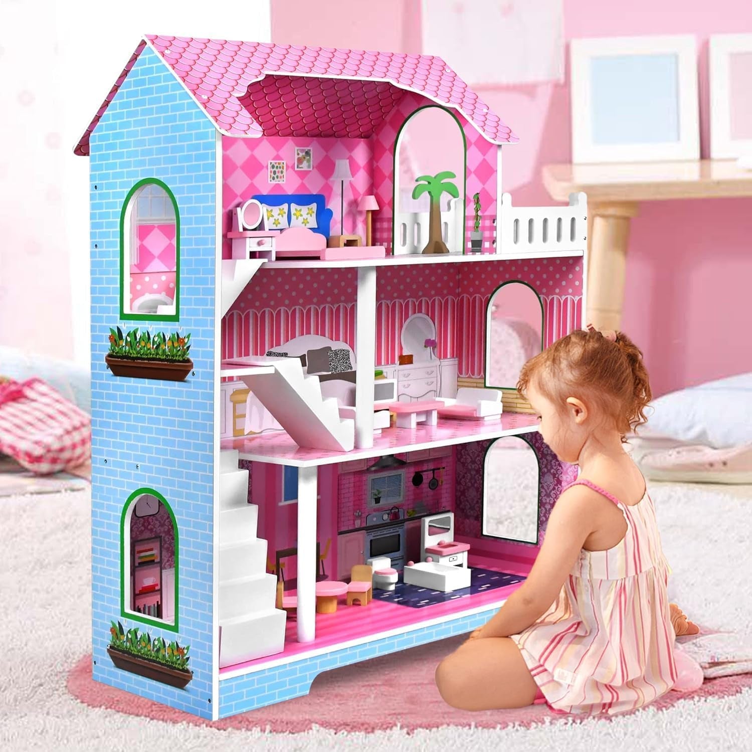 HENGMEI Puppenhaus Kinder Holz Puppenvilla Dollhouse Set Mädchen Spielset 3 Etagen House mit Möbeln und Zubehör, 70x30x100cm Puppenhäuser für Kinder (Typ B)
