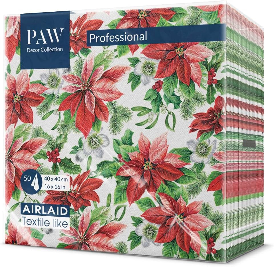 PAW - Serviettes Airlaid (40 x 40 cm) I 50 pièces I Parfaites pour Noël, l'hiver, les vacances I Décorations de table pour le réveillon de Noël I Serviettes en tissu Airlaid Branches d'hiver I Branches d'hiver