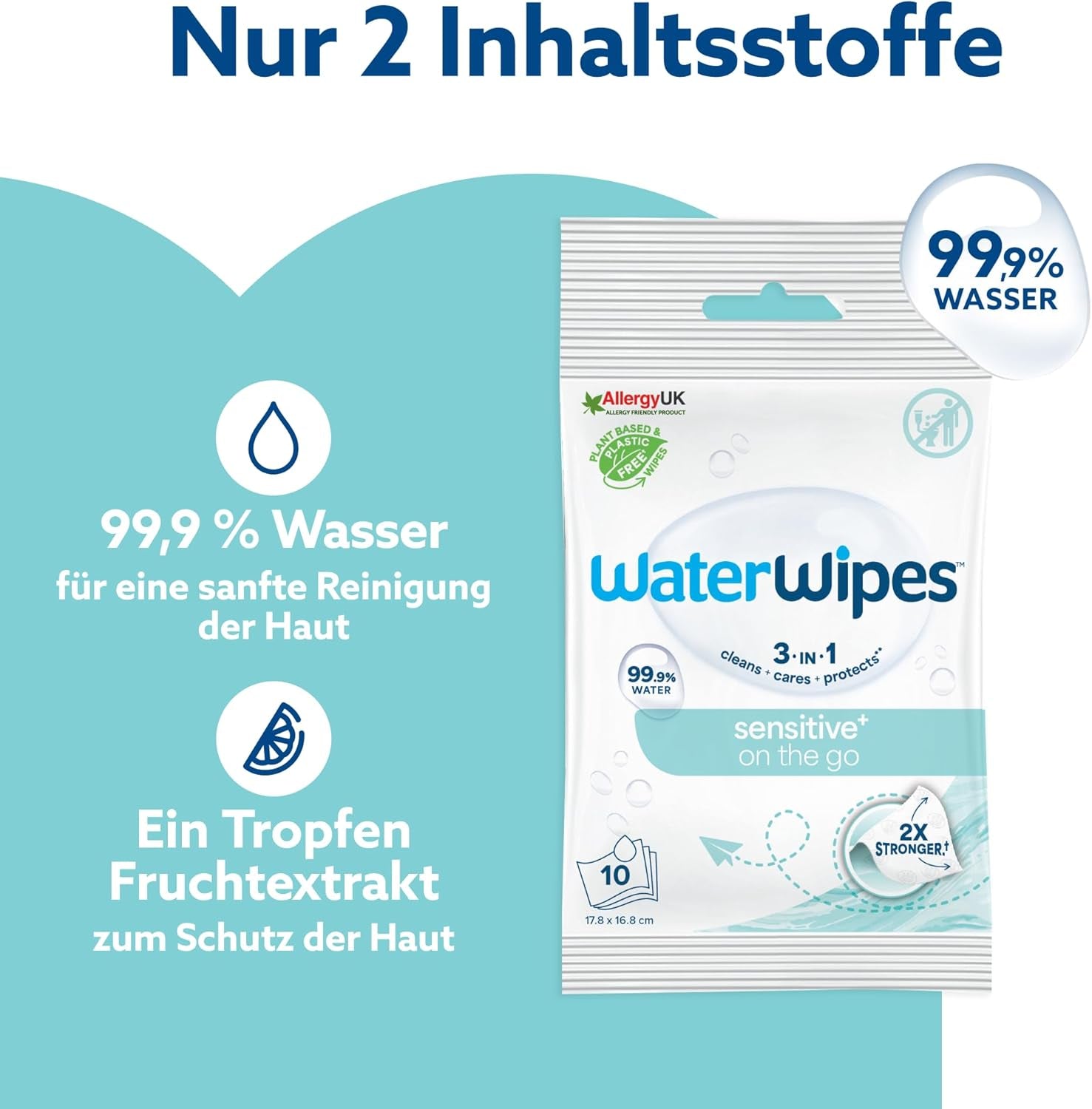 Lingettes humides WaterWipes Sensitive+ On The Go, 100 lingettes (paquet de 10), 3 en 1 nettoie, soigne, protège, 99,9 % d'eau, lingettes sans parfum
