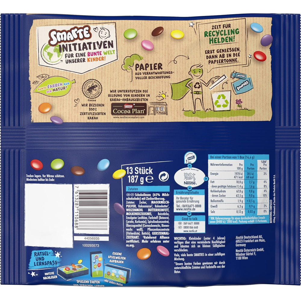 Nestlé SMARTIES Mini petites lentilles emballées individuellement avec chocolat au lait, paquet de 3 (1 x 187 g)