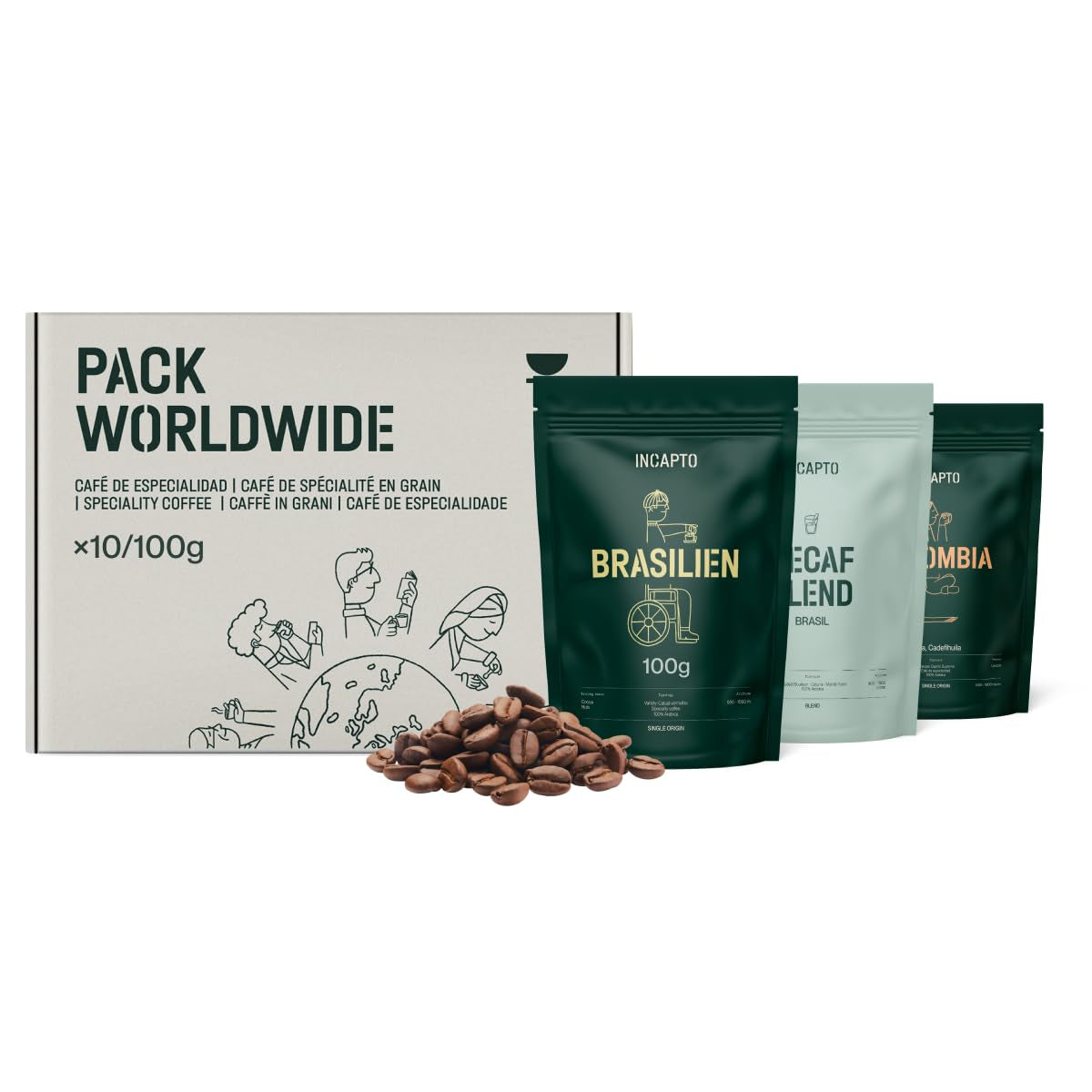 Sélection de grains de café Incapto dans le monde entier | Sélection de 10 origines du monde | Café de spécialité | 100% Arabica | Idéal comme coffret cadeau café | Pour les amateurs de café | 10 paquets x 100g