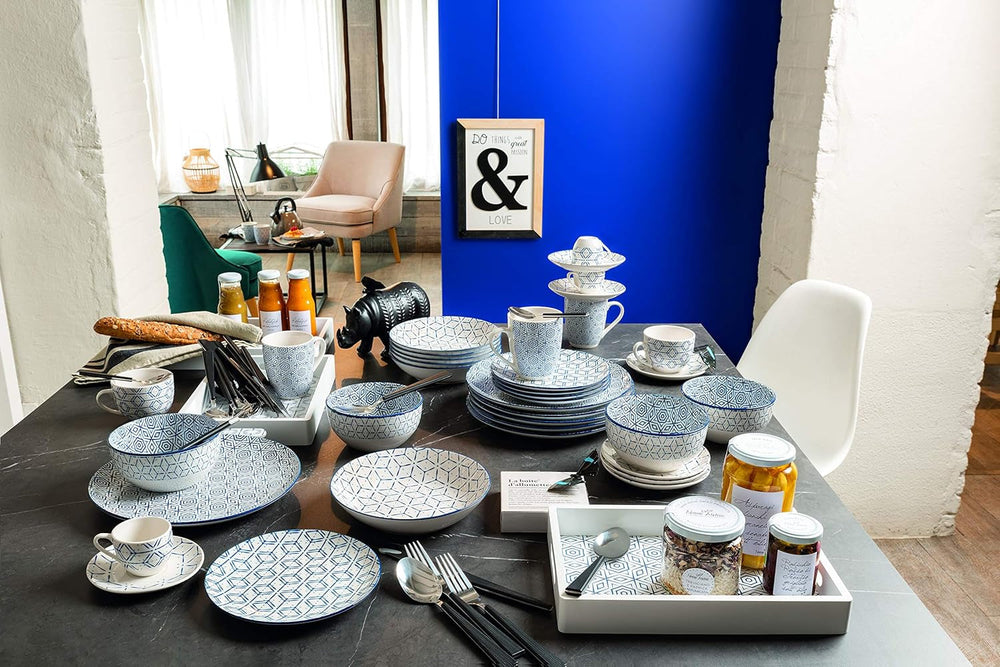 Downtown Tellerservice Für 6 Personen, 18 Stück, Porzellan, Weiß Und Blau Seturi vesela masa Naty Shop