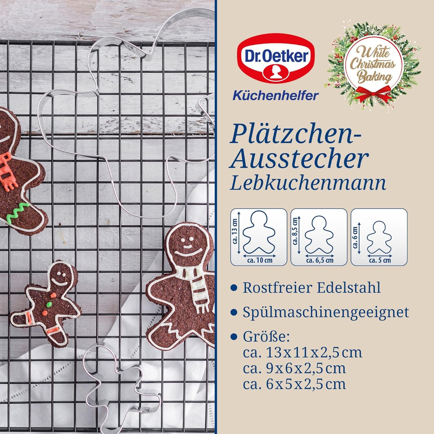 Dr. Oetker Lot de 3 emporte-pièces en forme de bonhomme en pain d'épices – Emporte-pièces de Noël blancs – Emporte-pièces de Noël en acier inoxydable