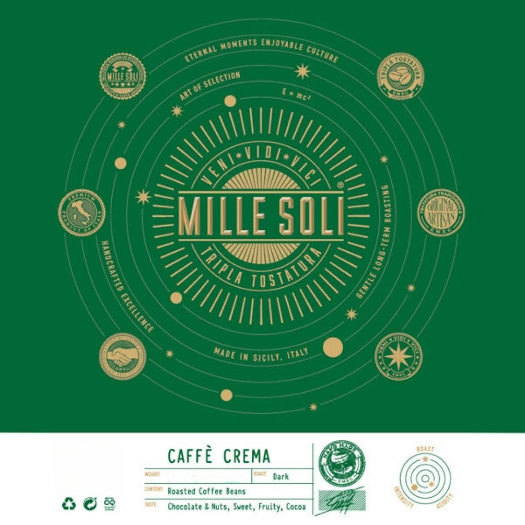 Caffè Crema - Café en grains torréfiés en Sicile - Processus traditionnel de torréfaction longue avec une crème parfaite, sachet de 250 g, acidité très faible pour machines entièrement automatiques et porte-filtre