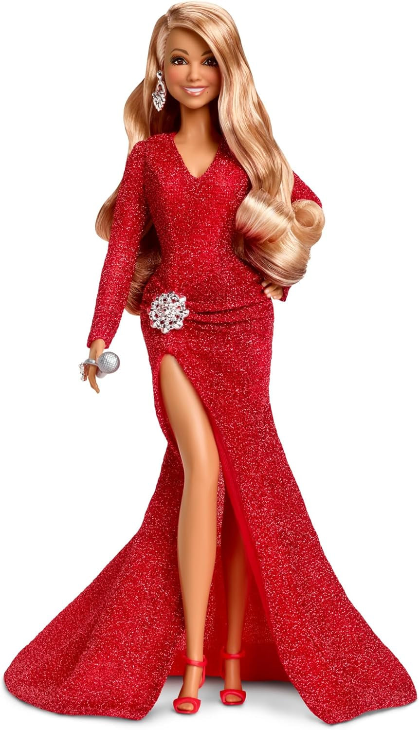 Barbie Mariah Carey - Poupée de collection avec robe rouge scintillante, volants, fente, boucles charmantes, accessoires argentés, talons hauts rouges, tradition de Noël, décoration, HJX17
