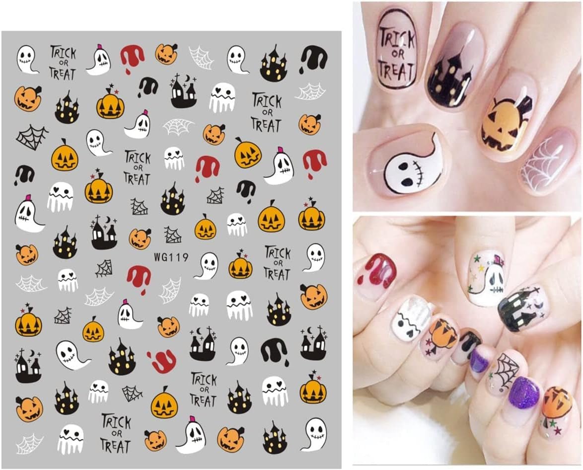 8 Blatt Nagelsticker Halloween Nagelaufkleber Selbstklebend Niedliches Kürbis-Schädel-Spinnennetz Niedlichen Kinder Geist Nail Art Sticker Dekoration Nageldesign Zubehör