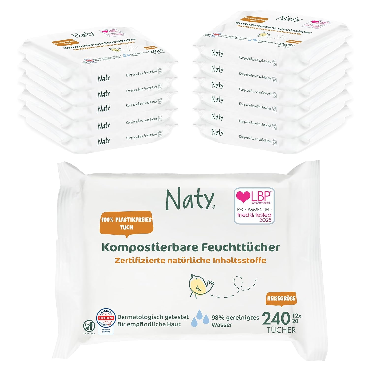 Lingettes Naty pour bébé | 100 % à base de plantes et sans parfum pour les peaux sensibles | Lingettes sans plastique et certifiées compostables avec de l'eau purifiée à 98 % | 672 lingettes (12 paquets)