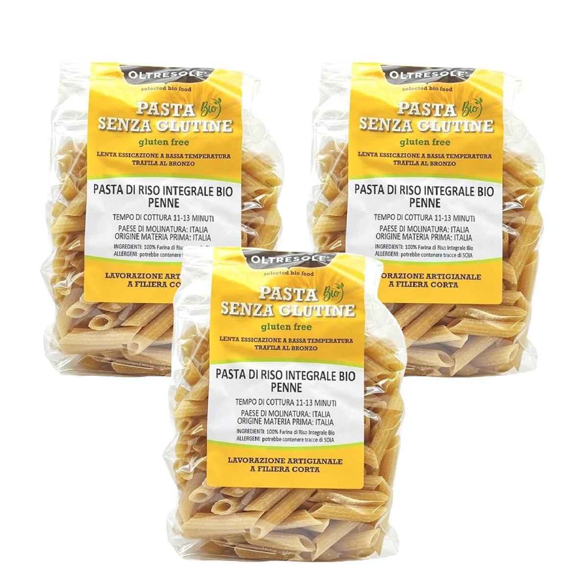 - Paste di Riso Integrale Biologica Italiana Gluten Free, Format Penne - pâtes sans gluten, farine de riz complet 100% biologique, riche en fibres, vegan, pack de 3 paquets de 350 g