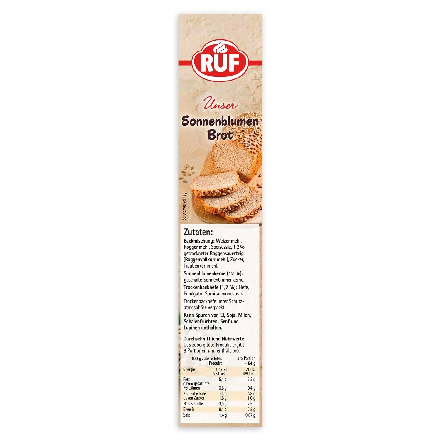RUF Sonnenblumen Brot, Nur Wasser Hinzufügen, Brotbackmischung Mit Sonnenblumenkernen, Brotteigmischung Mit Roggen-Sauerteig Und Hefe Für Sonnenblumenkernbrot, 1 X 410G Naty Shop