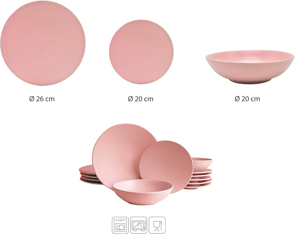 ECHTWERK Service de table vintage 12 pièces au design naturel « Blanka » Service de table élégant en grès texturé pour 4 personnes avec 4 assiettes plates, 4 assiettes latérales et 4 assiettes plates Rose