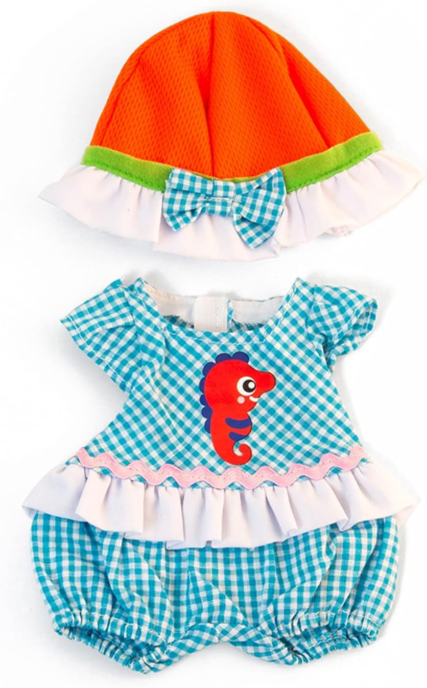 Miniland Set Puppenkleidung 32cm, girgeltes T-Shirt mit Latzhose und Mütze, Übergangszeit